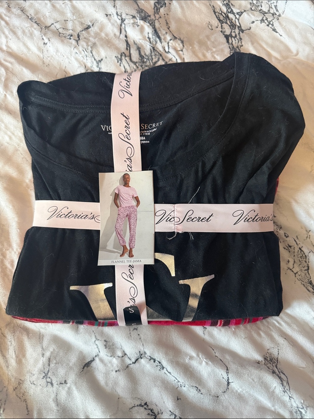 Victoria's Secret Black Flannel Tee & Pink Patterned Pajama Set